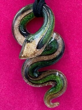 Italian Murano Glass Green and Gold Snake Pendant Necklace - 16” Choker